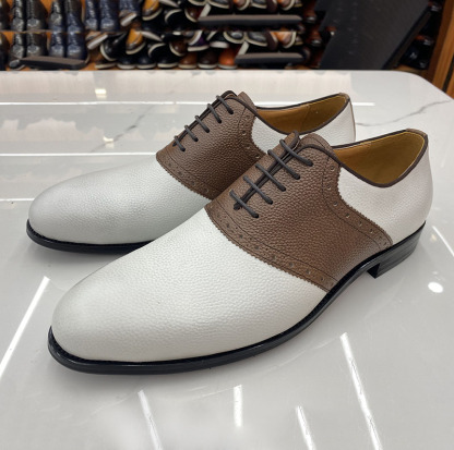 Men's Brown & White Patchwork Pebbled Grain Oxford Shoes