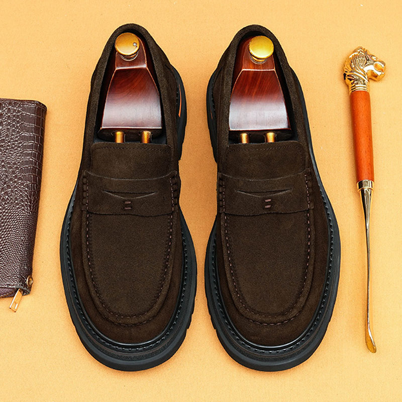 Men's Full-Grain Leather Suede Non-Slip Platform Casual Loafer Shoes