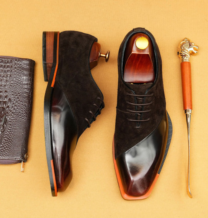 Stylish Men's Suede & Leather Two-Tone Oxfords - Square-Toe Business Formal Shoes