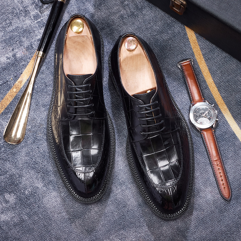 Men's British-Style Genuine Cowhide Crocodile-Embossed Derby Shoes