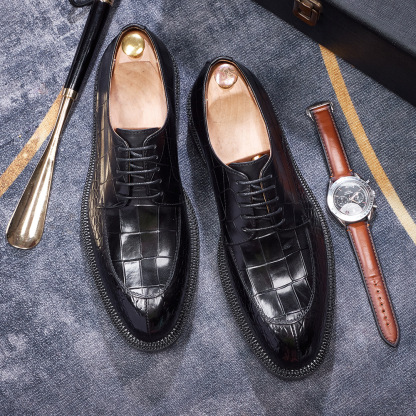 Men's British-Style Genuine Cowhide Crocodile-Embossed Derby Shoes