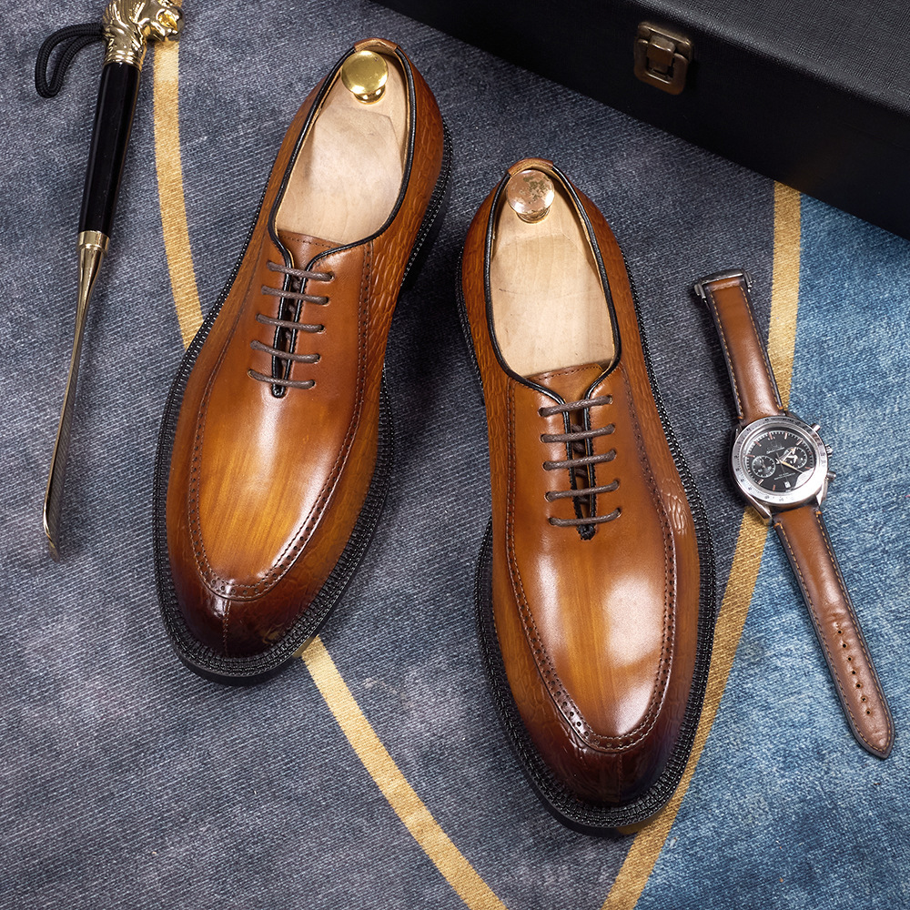 Men's Crocodile Pattern Embossed Genuine Leather Pointed-Toe Oxford Shoes Elegant Business Formal Shoes