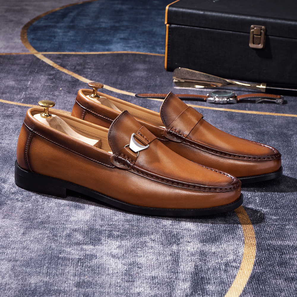 Men's Full-Grain Leather Metal Buckle Casual Loafers