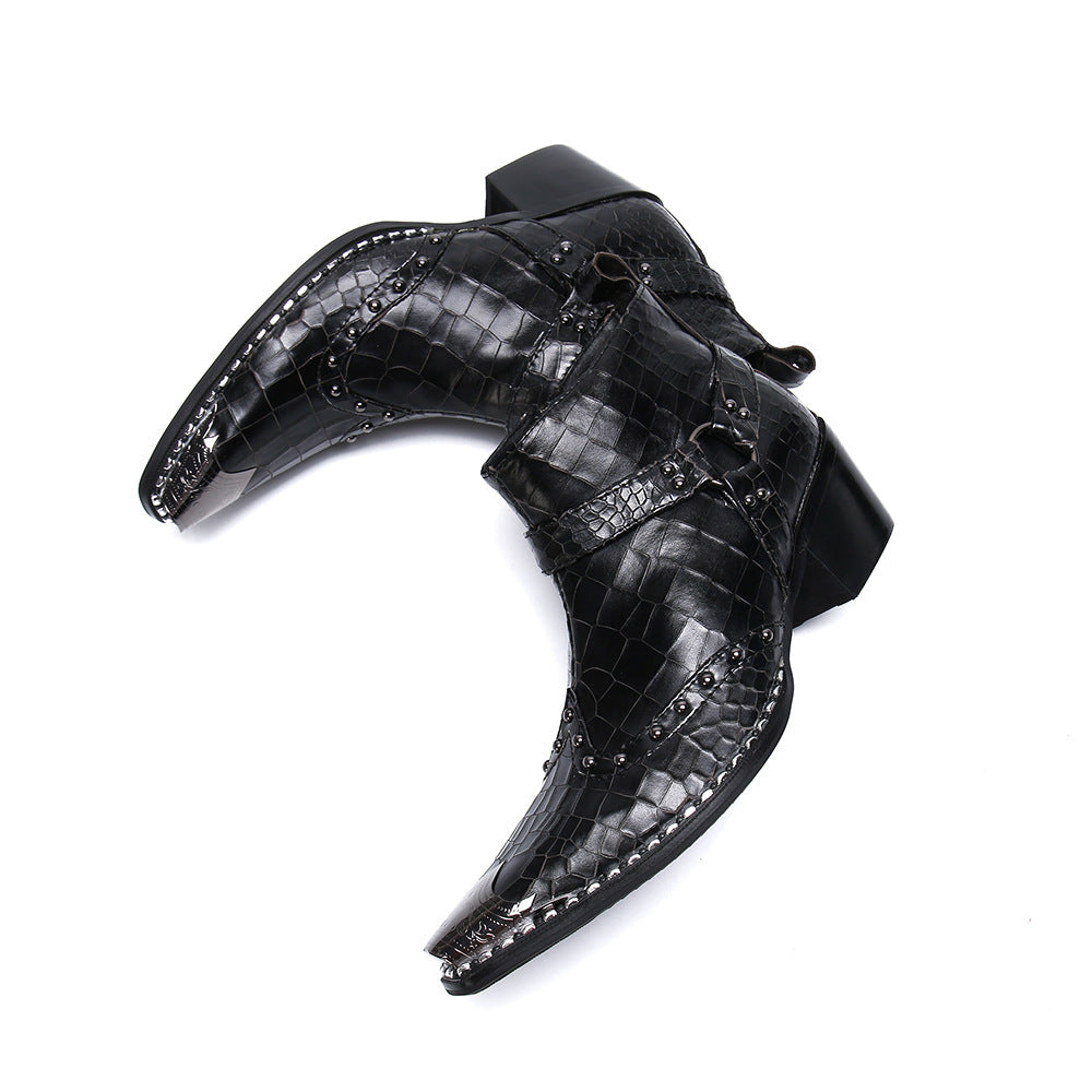 Black trendy punk mid-calf cowboy leather boots