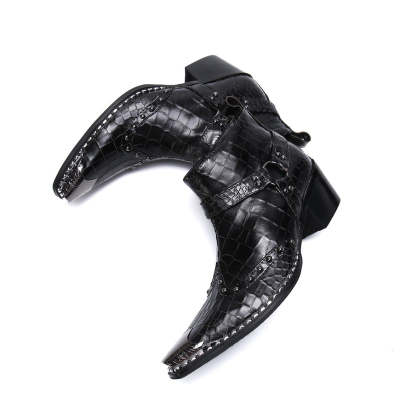 Black trendy punk mid-calf cowboy leather boots