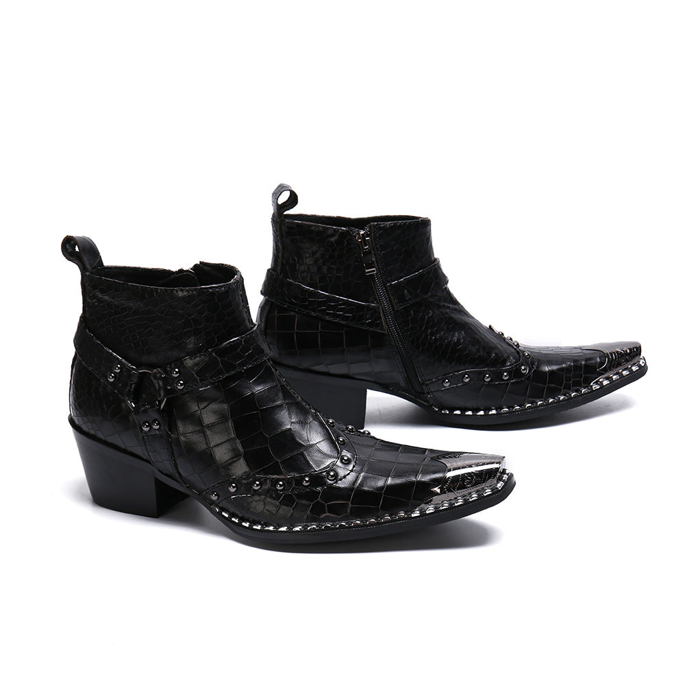 Black trendy punk mid-calf cowboy leather boots