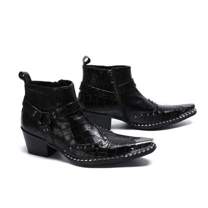 Black trendy punk mid-calf cowboy leather boots