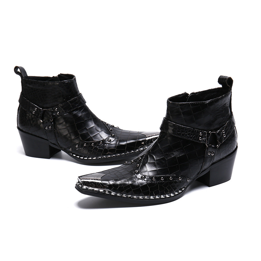 Black trendy punk mid-calf cowboy leather boots