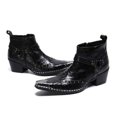 Black trendy punk mid-calf cowboy leather boots