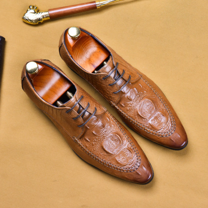 Men's leather business casual crocodile pattern trendy pointed toe formal shoes