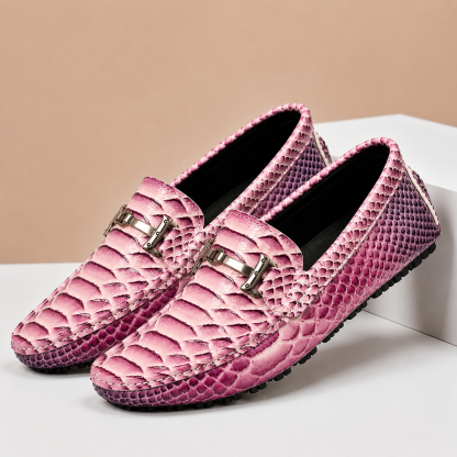 Gradient Snake Print Men Slip-on Driving Loafers with Metal Buckle
