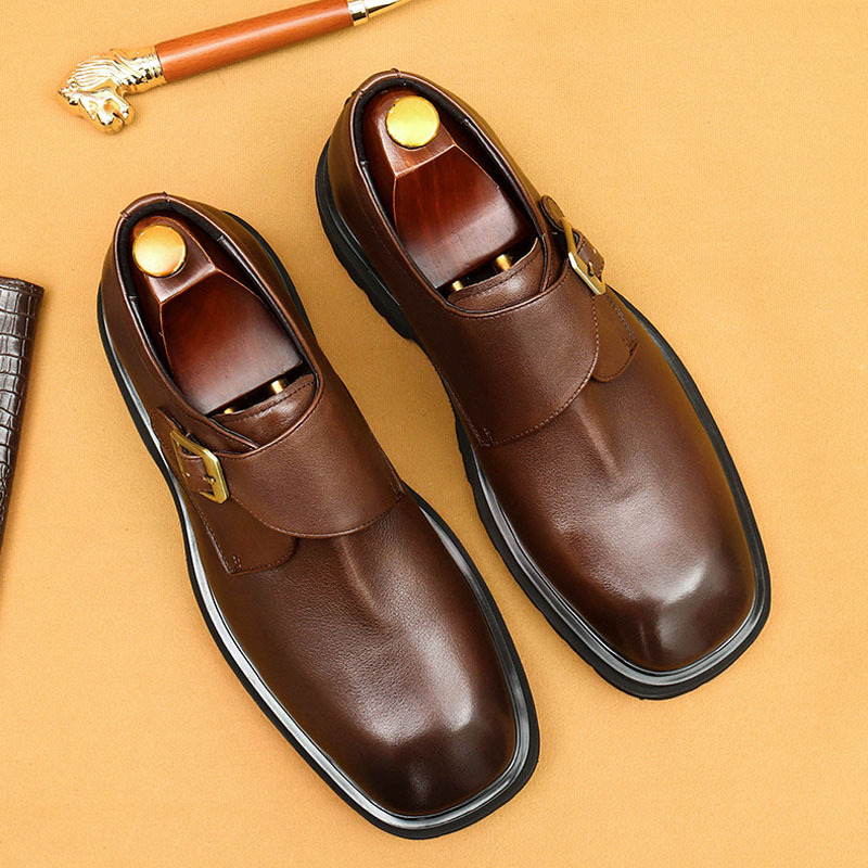 Men's Genuine Leather Square-Toe Wide-Fit Monk Shoes
