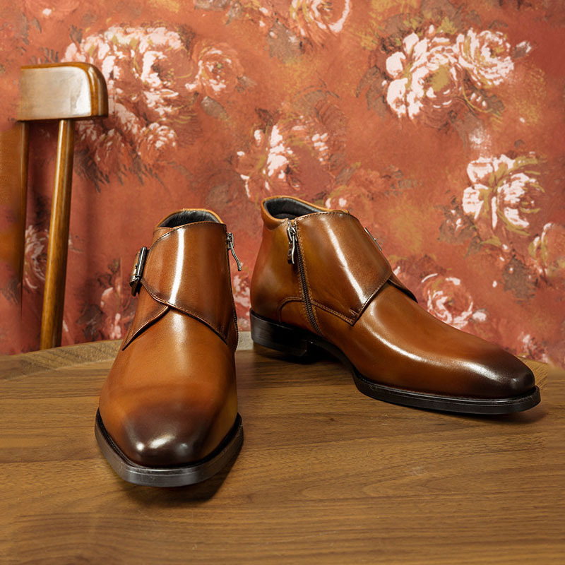 Men's Genuine Leather Square-Toe High-Top Monk Boots