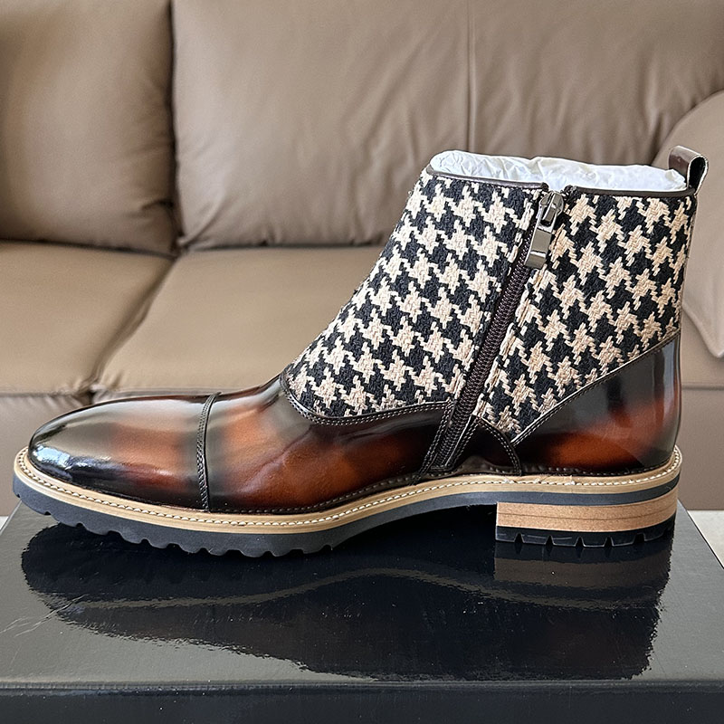 Men's Houndstooth Button Chelsea Boots, Vintage British Style Genuine Leather Patchwork Boots