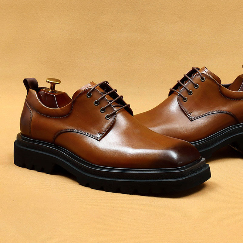 Men's Genuine Leather Square Toe Thick Sole Derby Shoes