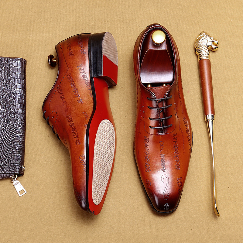 Men's Full-Grain Leather Formal Pointed-Toe Letter-Printed Oxford Shoes