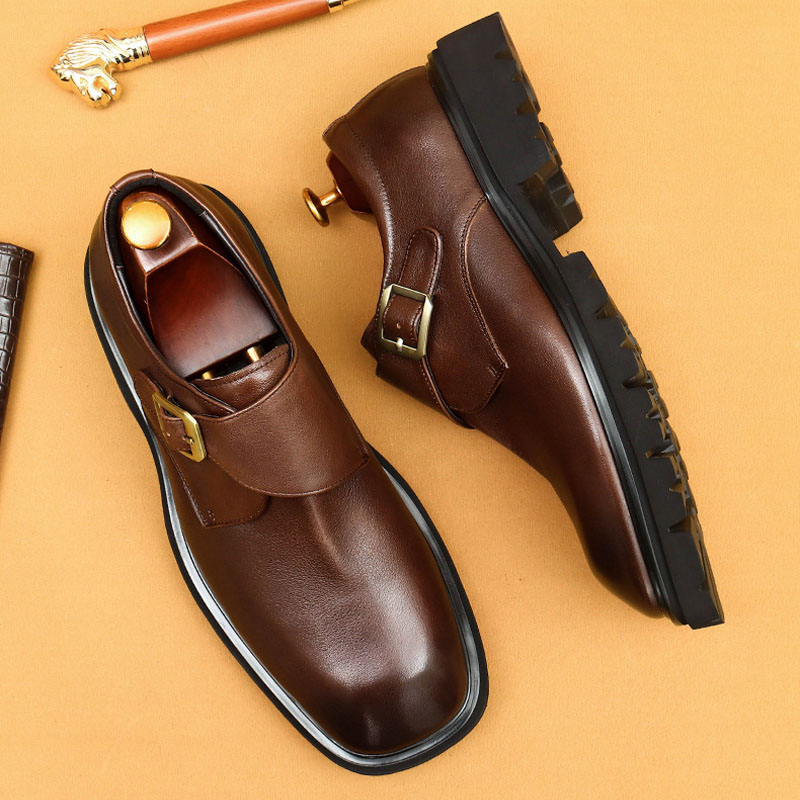 Men's Genuine Leather Square-Toe Wide-Fit Monk Shoes