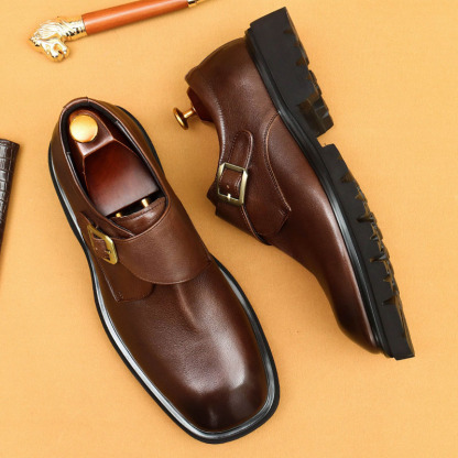 Men's Genuine Leather Square-Toe Wide-Fit Monk Shoes