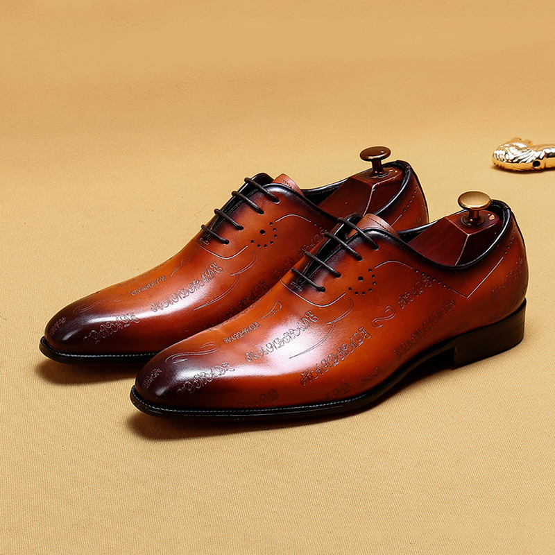 Men's Full-Grain Leather Formal Pointed-Toe Letter-Printed Oxford Shoes