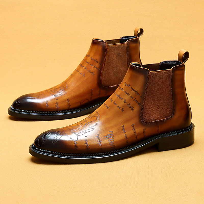 Men's Genuine Leather Brogue-detailed Fleece-lined Chelsea Boots
