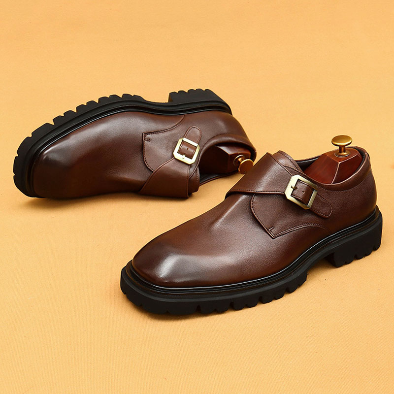 Men's Genuine Leather Square-Toe Wide-Fit Monk Shoes