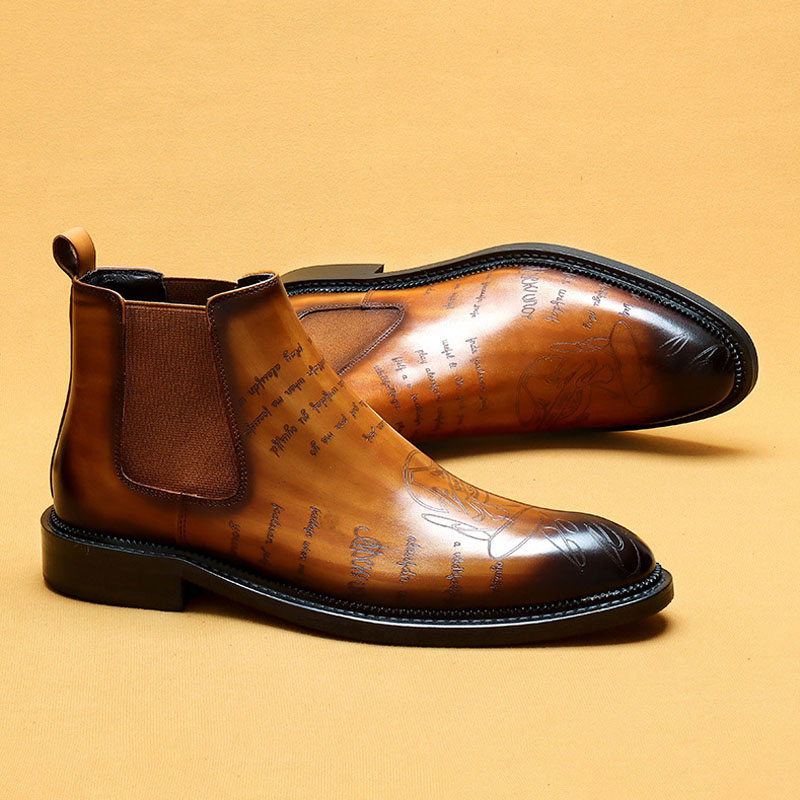 Men's Genuine Leather Brogue-detailed Fleece-lined Chelsea Boots