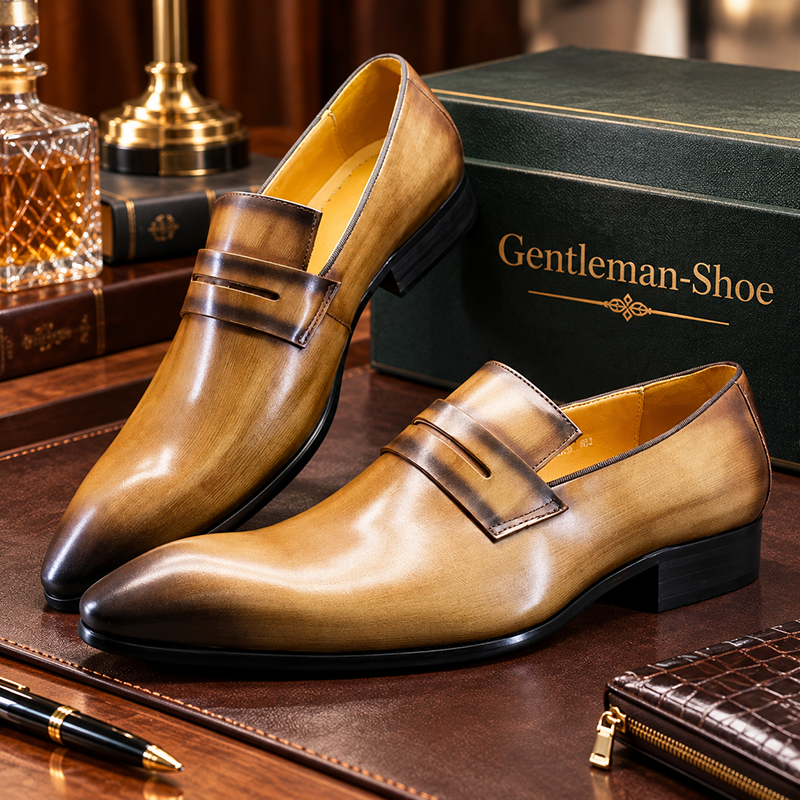 Men's genuine leather loafers light luxury pointed toe business shoes
