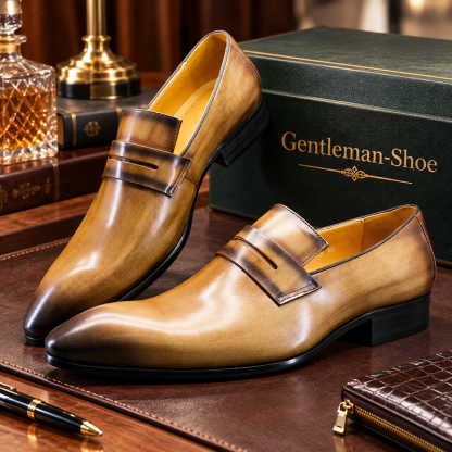 Men's genuine leather loafers light luxury pointed toe business shoes