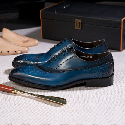 European brand leather shoes men's new British lace-up woven pattern splicing Oxford shoes genuine leather business formal men's shoes