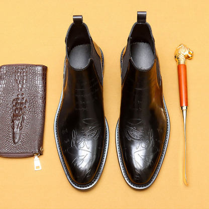 Men's Genuine Leather Brogue-detailed Fleece-lined Chelsea Boots