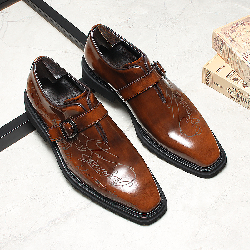 Men's Genuine Leather Letter-Printed Buckle Monk Shoes