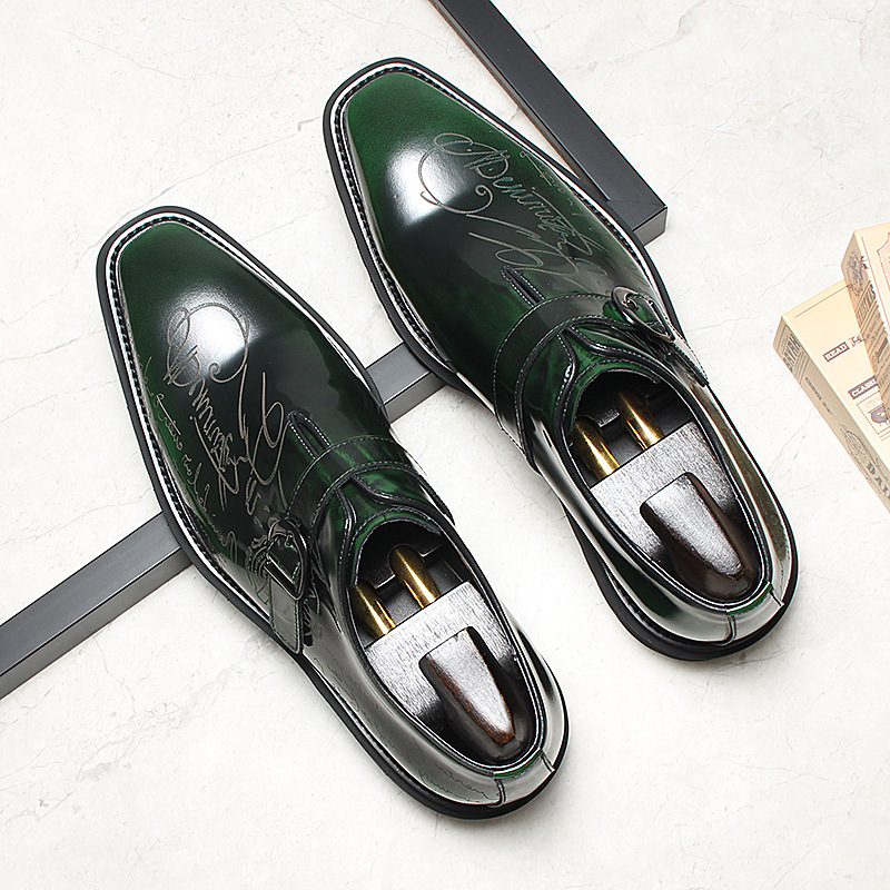 Men's Genuine Leather Letter-Printed Buckle Monk Shoes