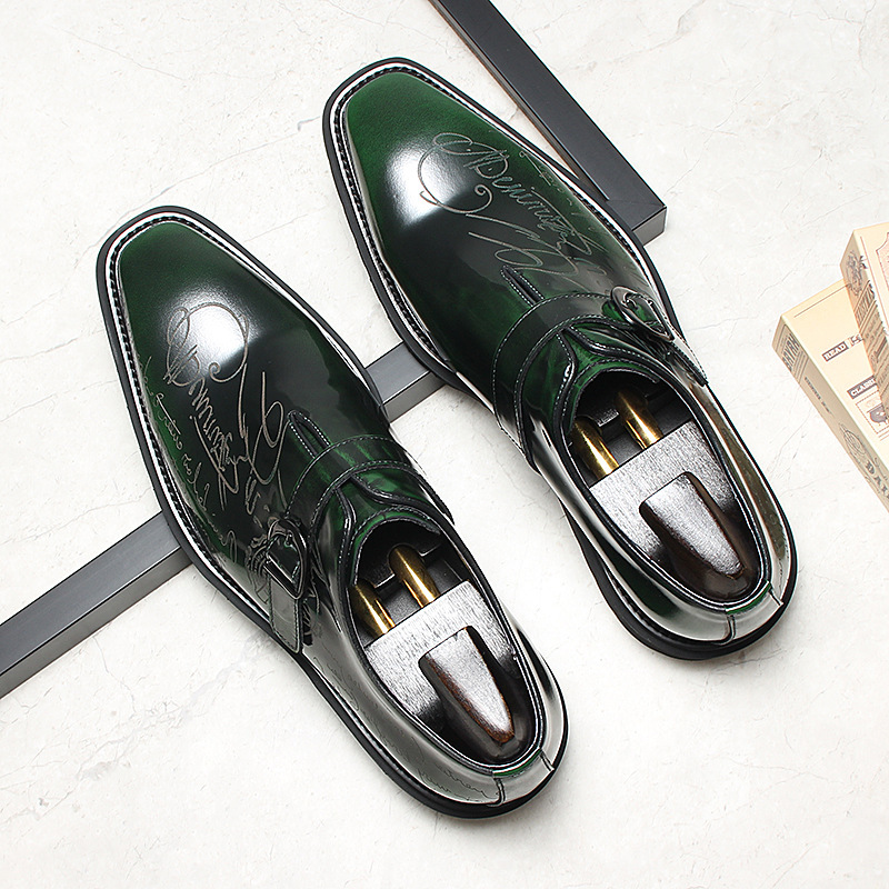 Men's Genuine Leather Letter-Printed Buckle Monk Shoes