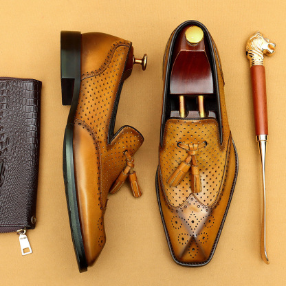 Men's tassel loafers perforated breathable genuine leather shoes