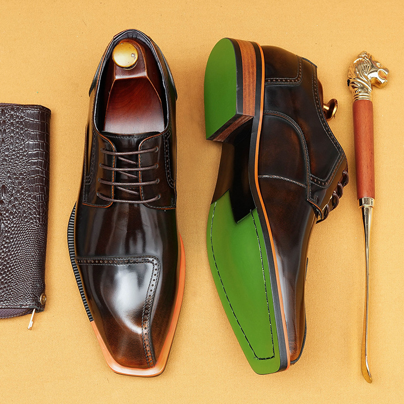 Men's Genuine Patent Leather British-Style Square-Toe Business Formal Derby Shoes