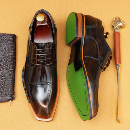 Men's Genuine Patent Leather British-Style Square-Toe Business Formal Derby Shoes