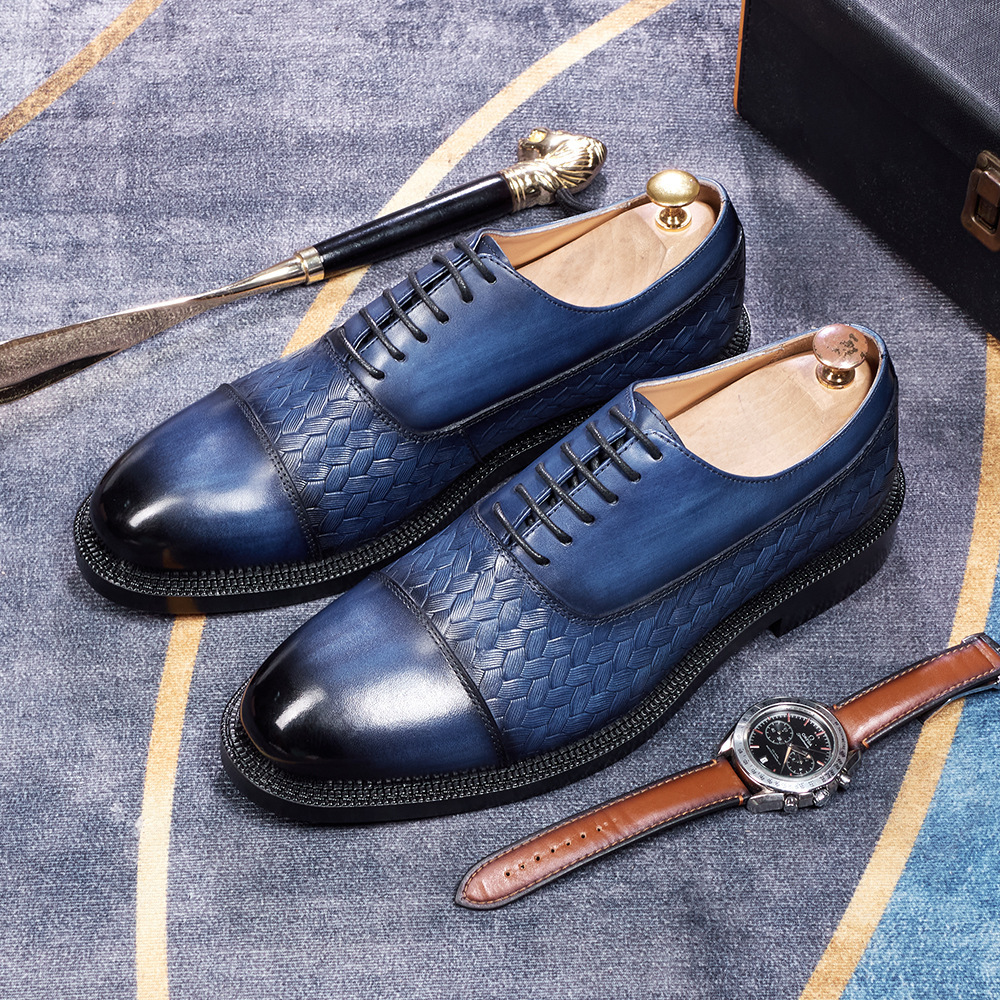 Men's Genuine Leather Woven Texture Patent Leather Cap-Toe Business Formal Oxford Shoes