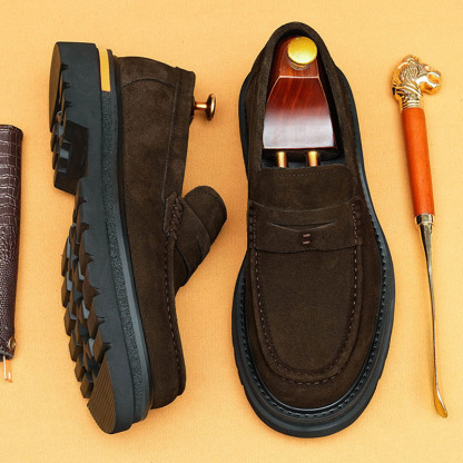 Men's Full-Grain Leather Suede Non-Slip Platform Casual Loafer Shoes