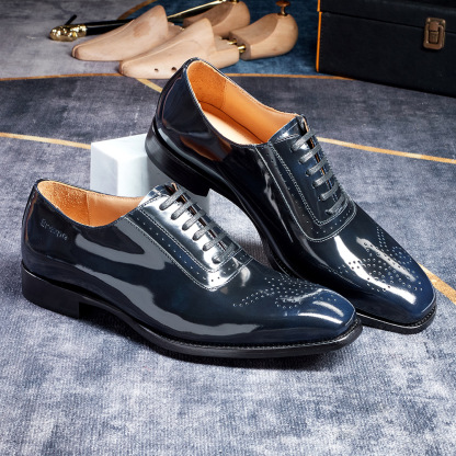 [Copy]Men's glossy embossed genuine leather lace-up Oxford shoes