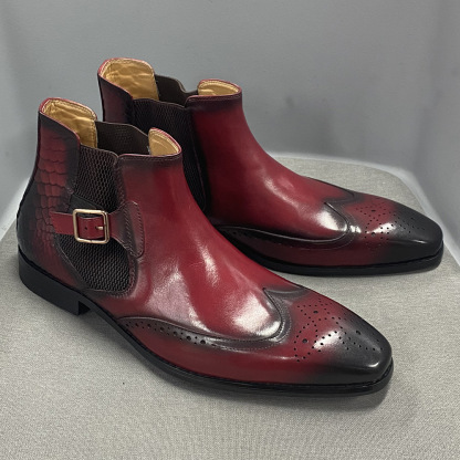 Men's Genuine Leather Snake Pattern Paneled Brogue Chelsea Boots