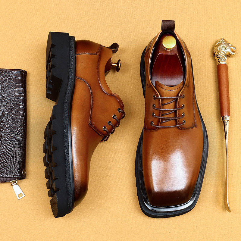 Men's Genuine Leather Square Toe Thick Sole Derby Shoes