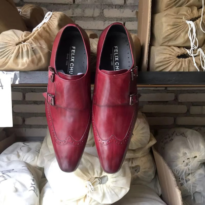 Men‘s Genuine Leather Pointed Toe Double Buckle Monk Strap Shoes