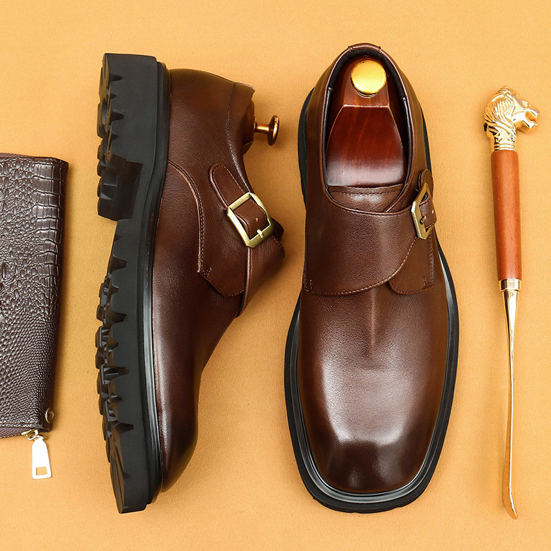 Men's Genuine Leather Square-Toe Wide-Fit Monk Shoes