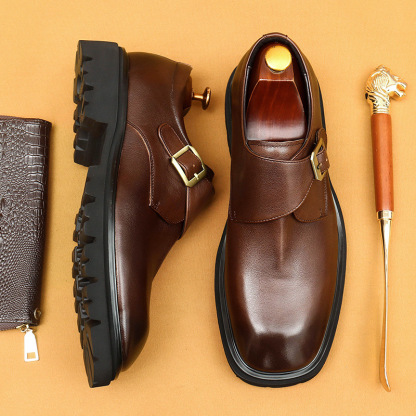 Men's Genuine Leather Square-Toe Wide-Fit Monk Shoes