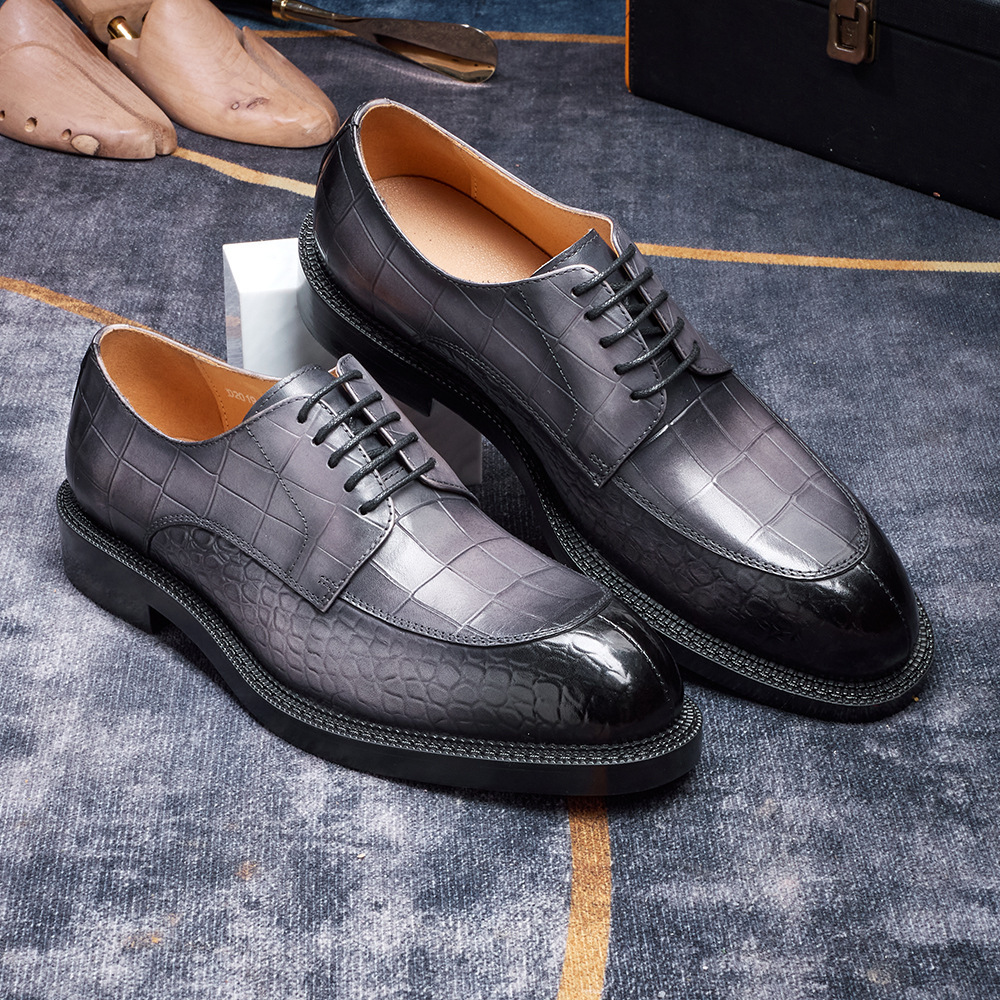 Men's British-Style Genuine Cowhide Crocodile-Embossed Derby Shoes