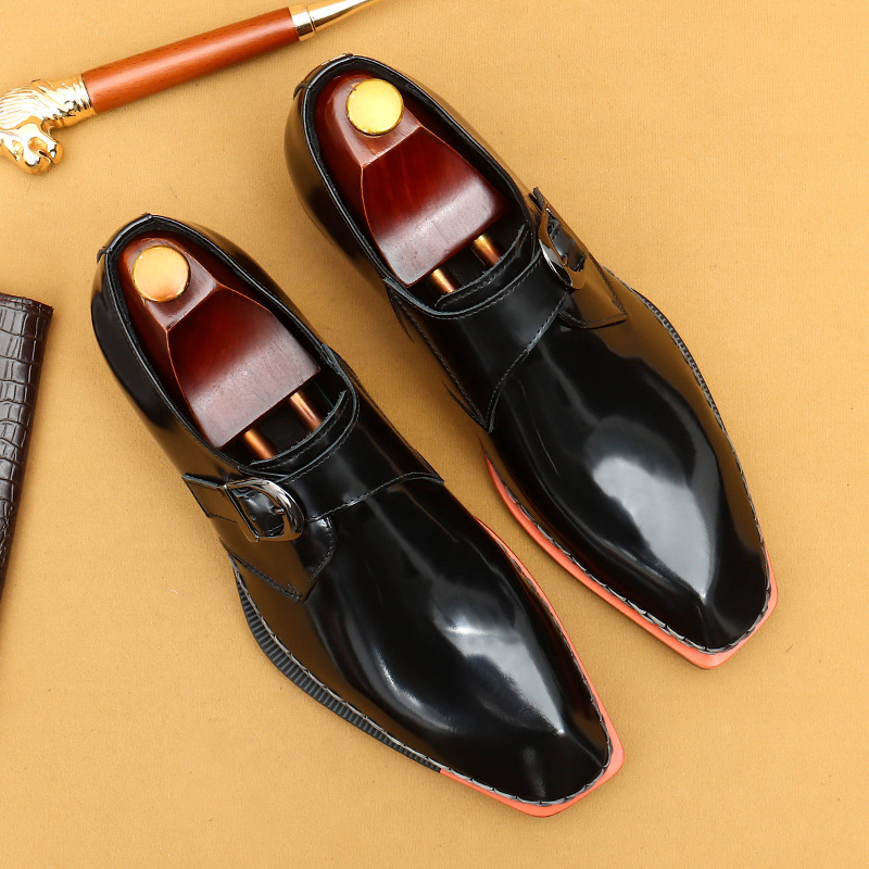 Men's Genuine Leather Glossy Buckle Monk Strap Shoes