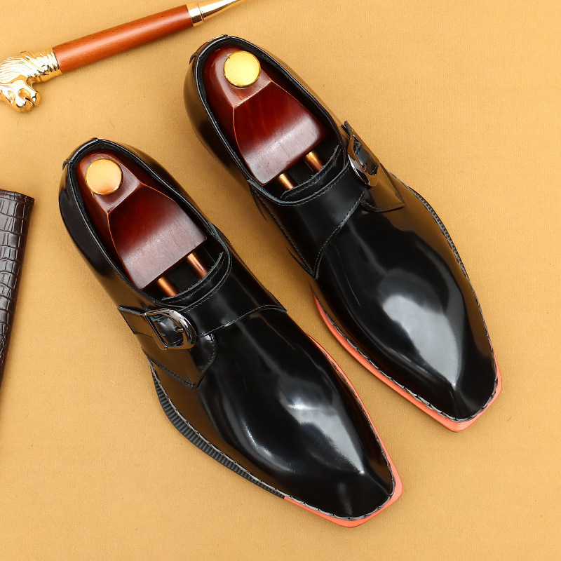 Men's Genuine Leather Glossy Buckle Monk Strap Shoes