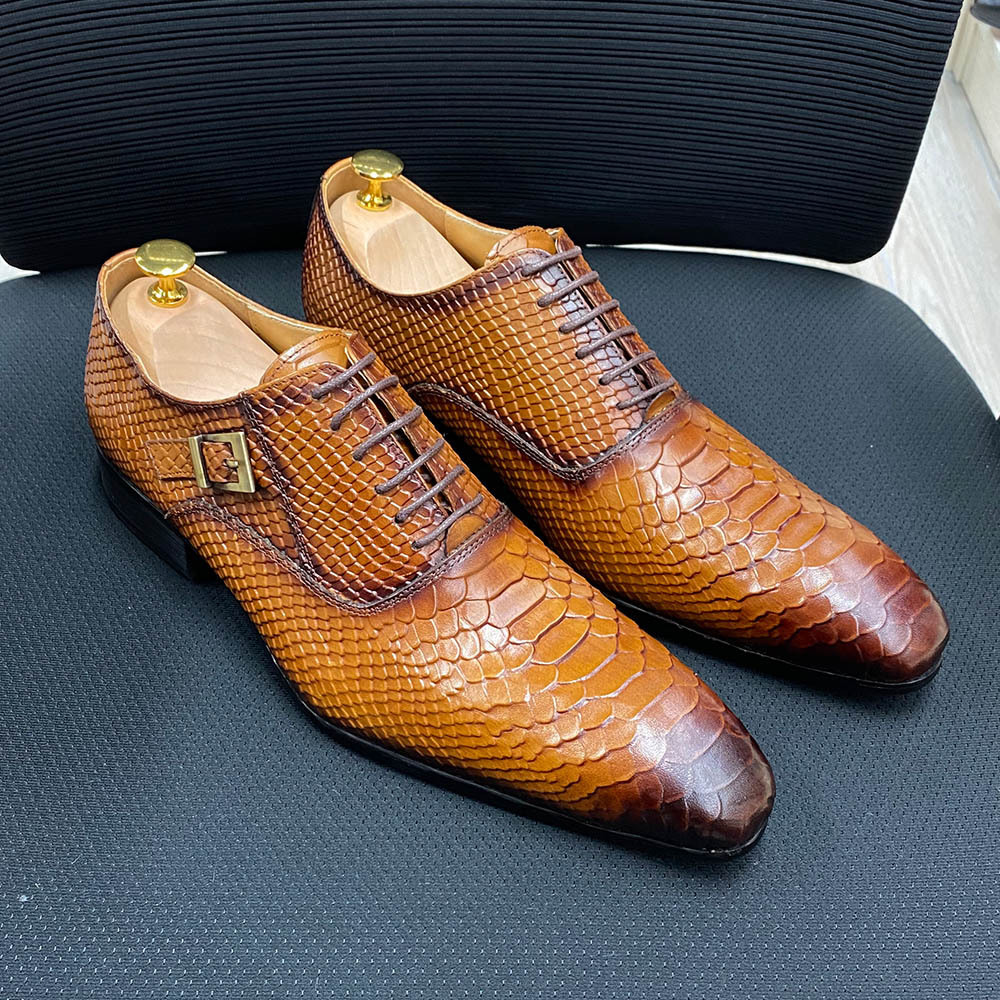 Men's Full-Grain Leather Snake-Embossed Pointed-Toe Formal Shoes