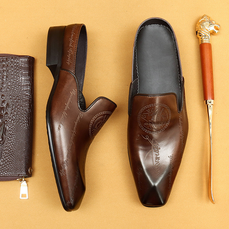 Men's Genuine Leather British-Style Letter-Printed Mules