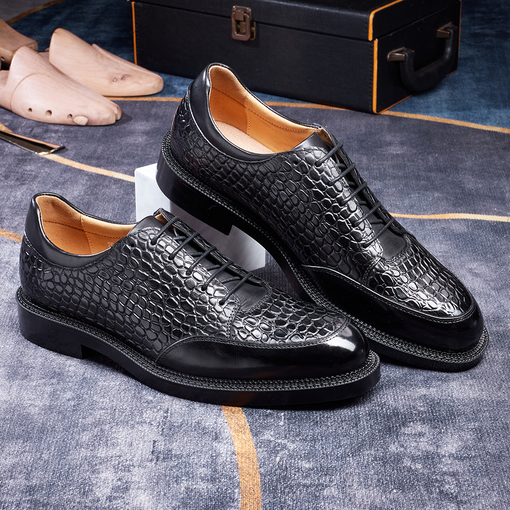 Men's top-grain cowhide crocodile pattern embossed business casual leather shoes Oxford shoes